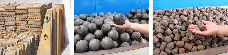 球磨機的易損件，左襯板，中鋼球，右鋼鍛